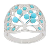 Elegant sterling silver ring featuring round blue turquoise gemstones in a delicate floral design.